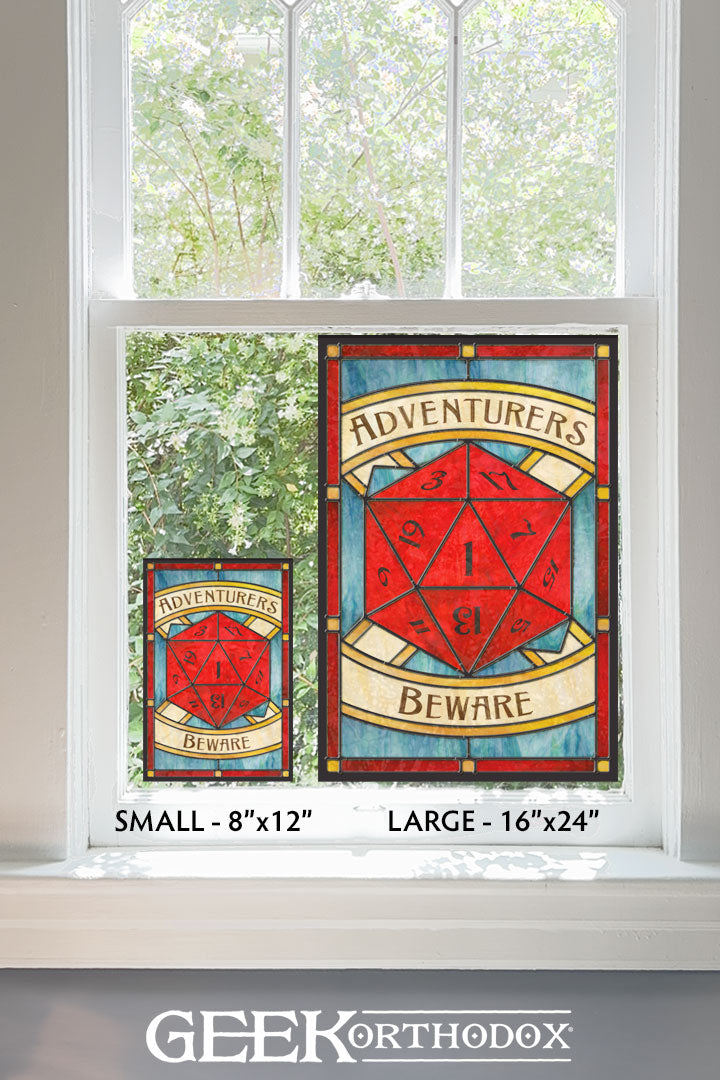Adventurers Beware | RPG Inspired Stained Glass Window Cling - RPG Gaming Decor